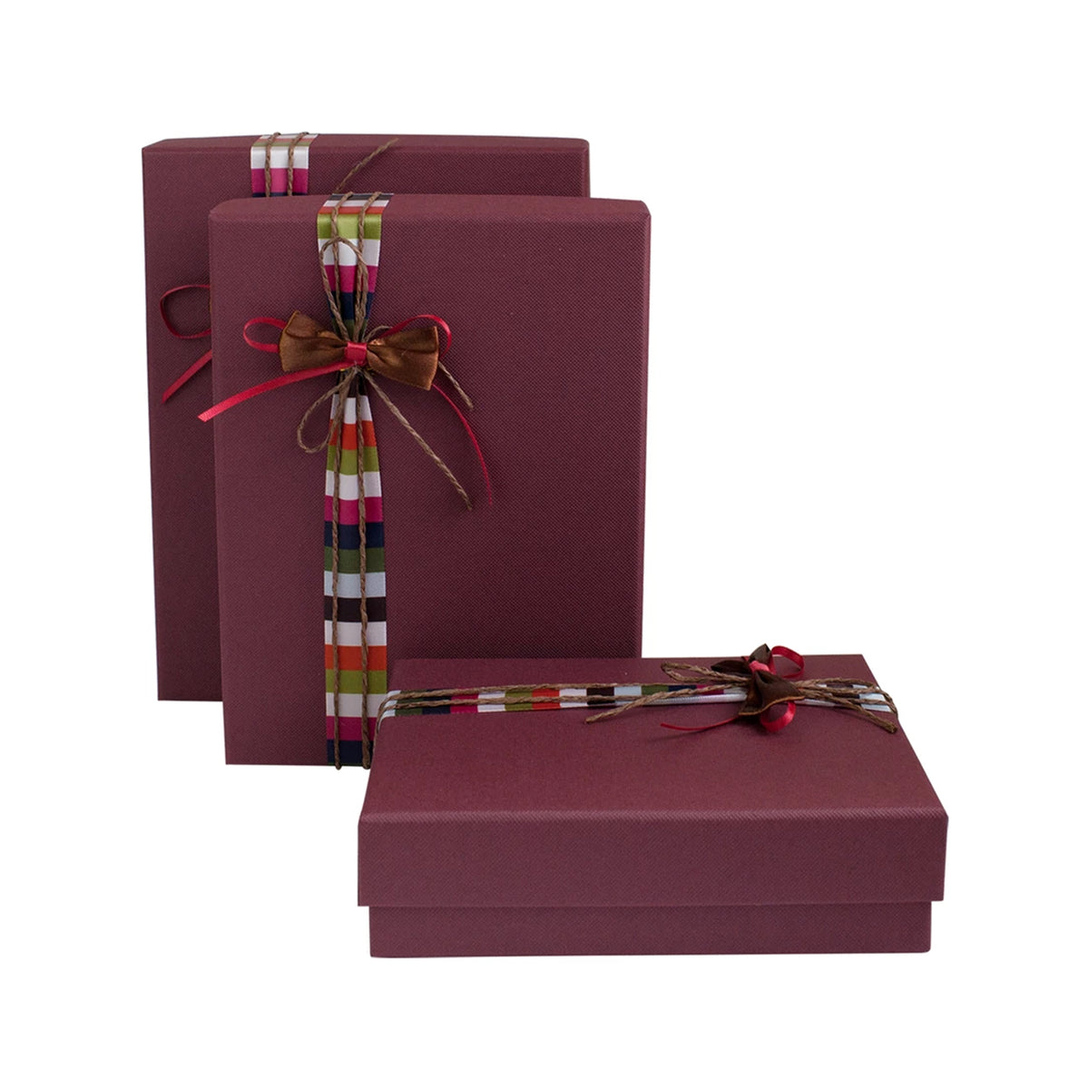 Set of 3 Burgundy Striped Bow Gift Boxes (Sizes Available)