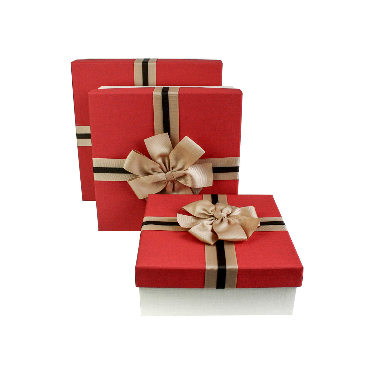 Set of 3 Cream/Red Gift Boxes with Brown Satin Ribbon