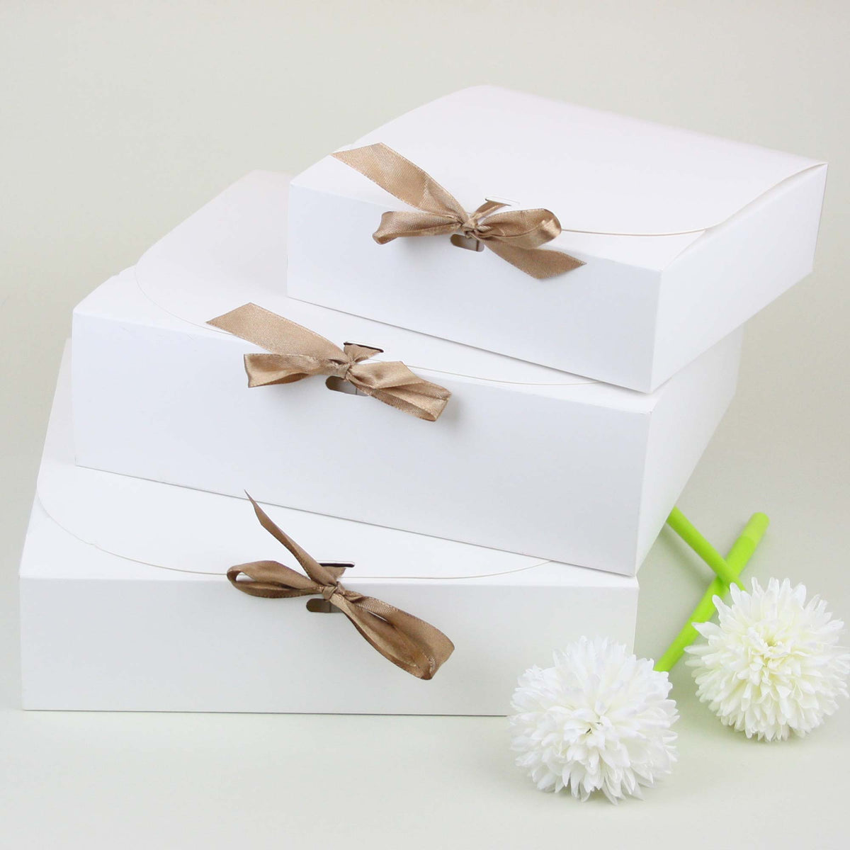 White Top-Flap Style Kraft Boxes with Ribbon Pack of 12 (Sizes Available)