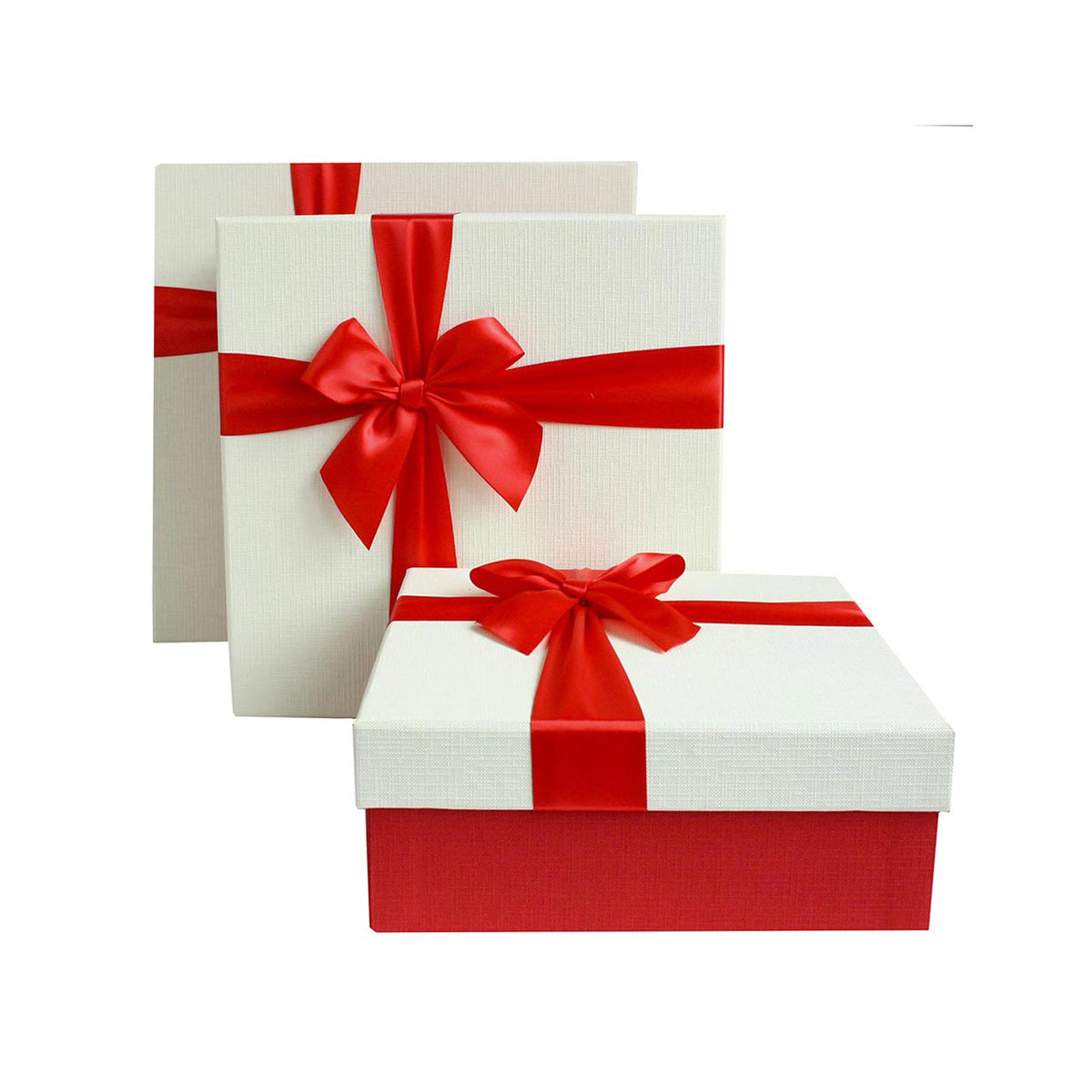 Set of 3 White Gift Boxes With Red Satin Ribbon