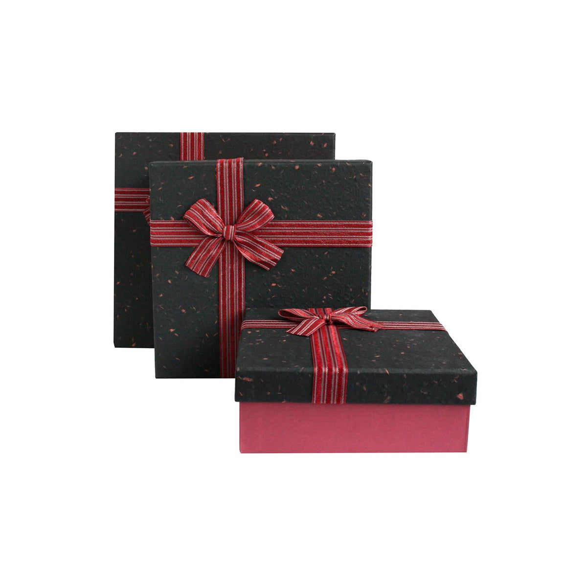 Set of 3 Textured Burgundy with Striped Ribbon Gift Boxes
