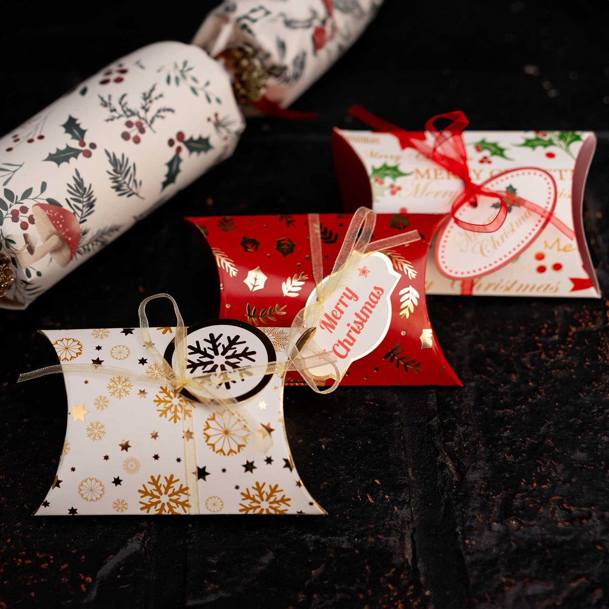 Festive Christmas Pillow Boxes Set with Ribbons and Tags Pack of 12