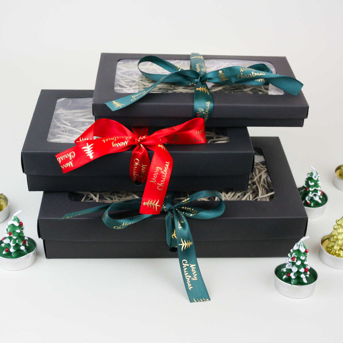 Rectangle Black Kraft Gift Boxes with Christmas Ribbon Pack of 12 (Sizes Available)