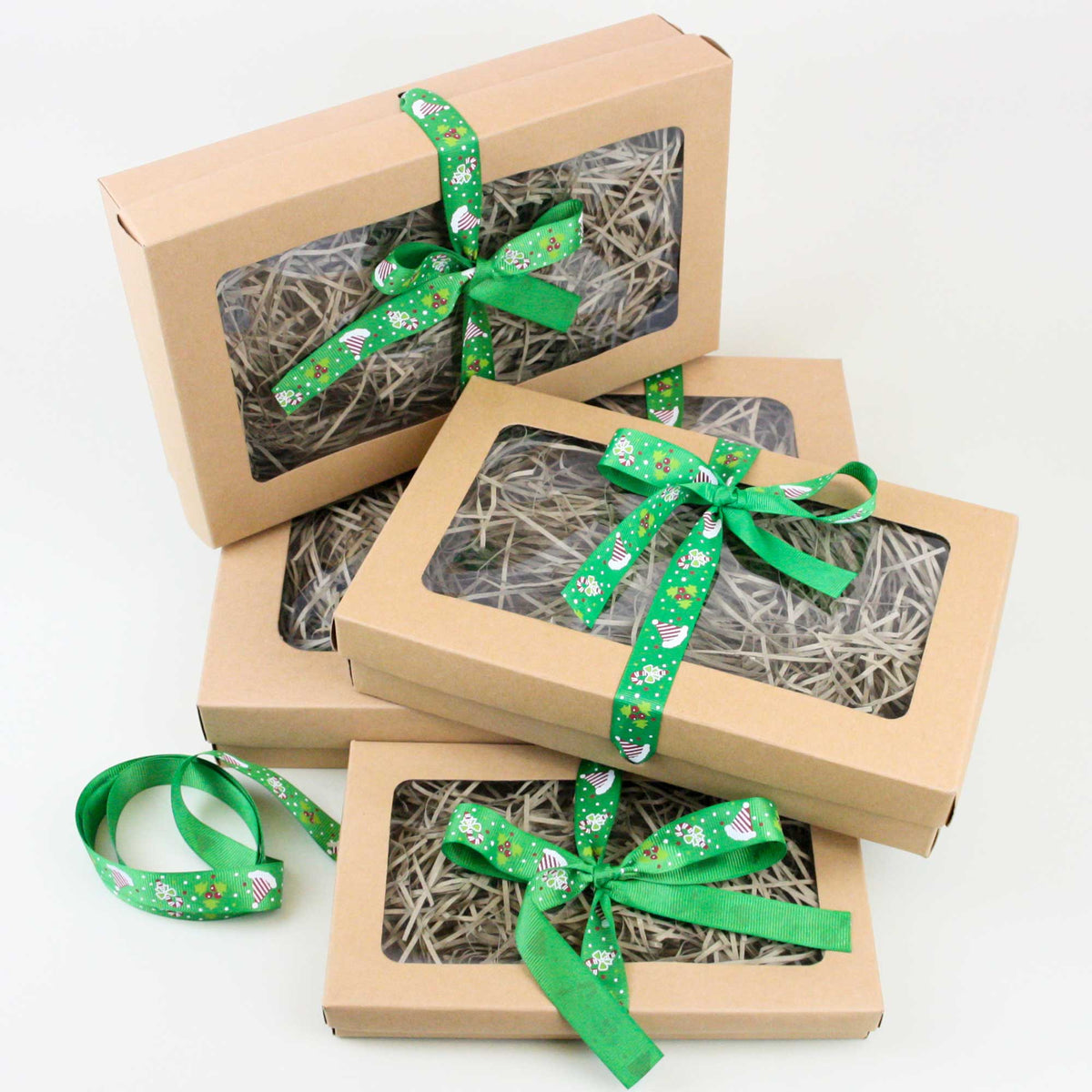 Rectangle Brown Kraft Gift Boxes with Christmas Ribbon Pack of 12 (Sizes Available)