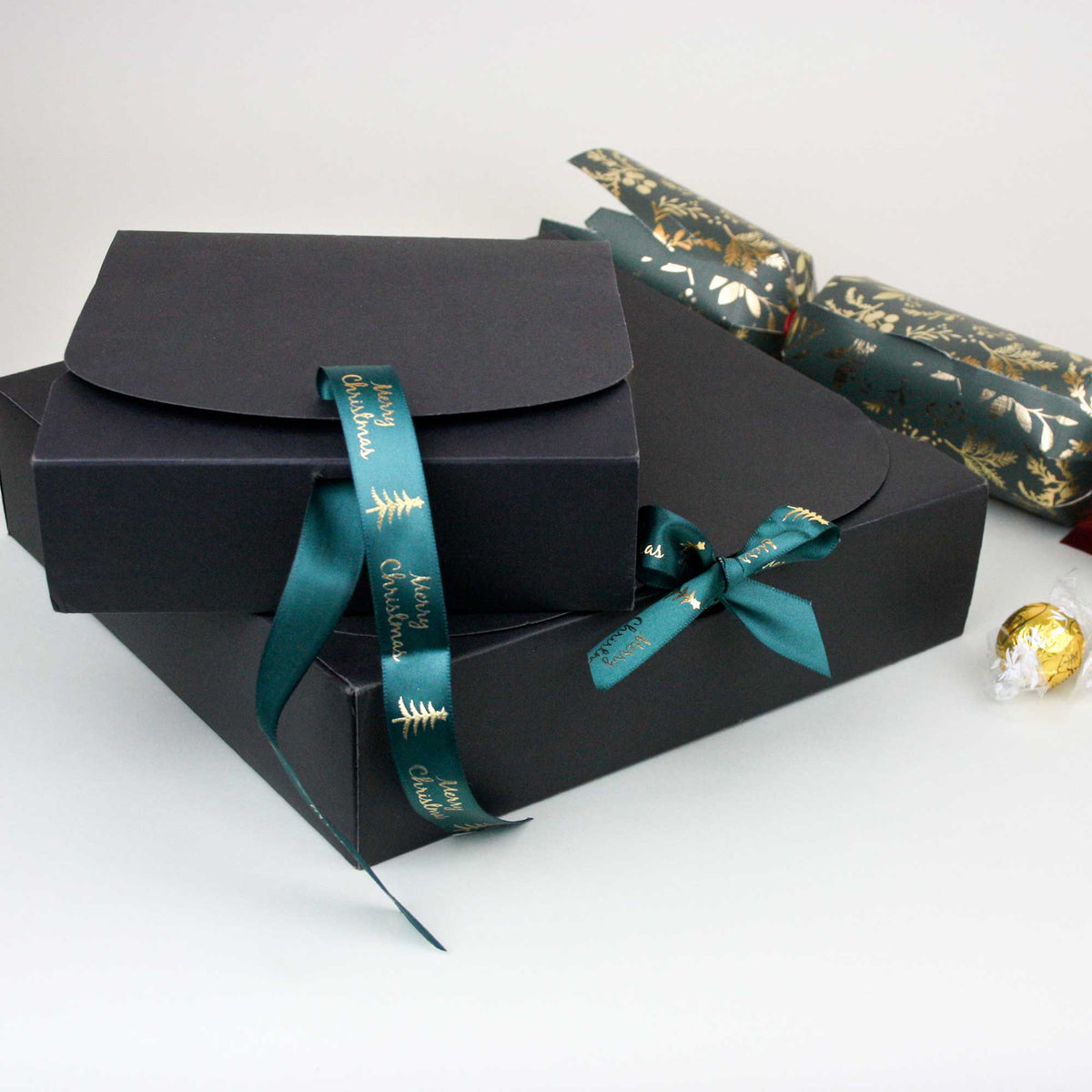 Black Top-Flap Style Kraft Boxes with Christmas Ribbon Pack of 12 (Sizes Available)