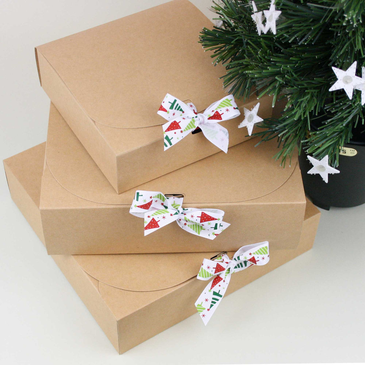 Brown Top-Flap Style Kraft Boxes with Christmas Ribbon Pack of 12 (Sizes Available)
