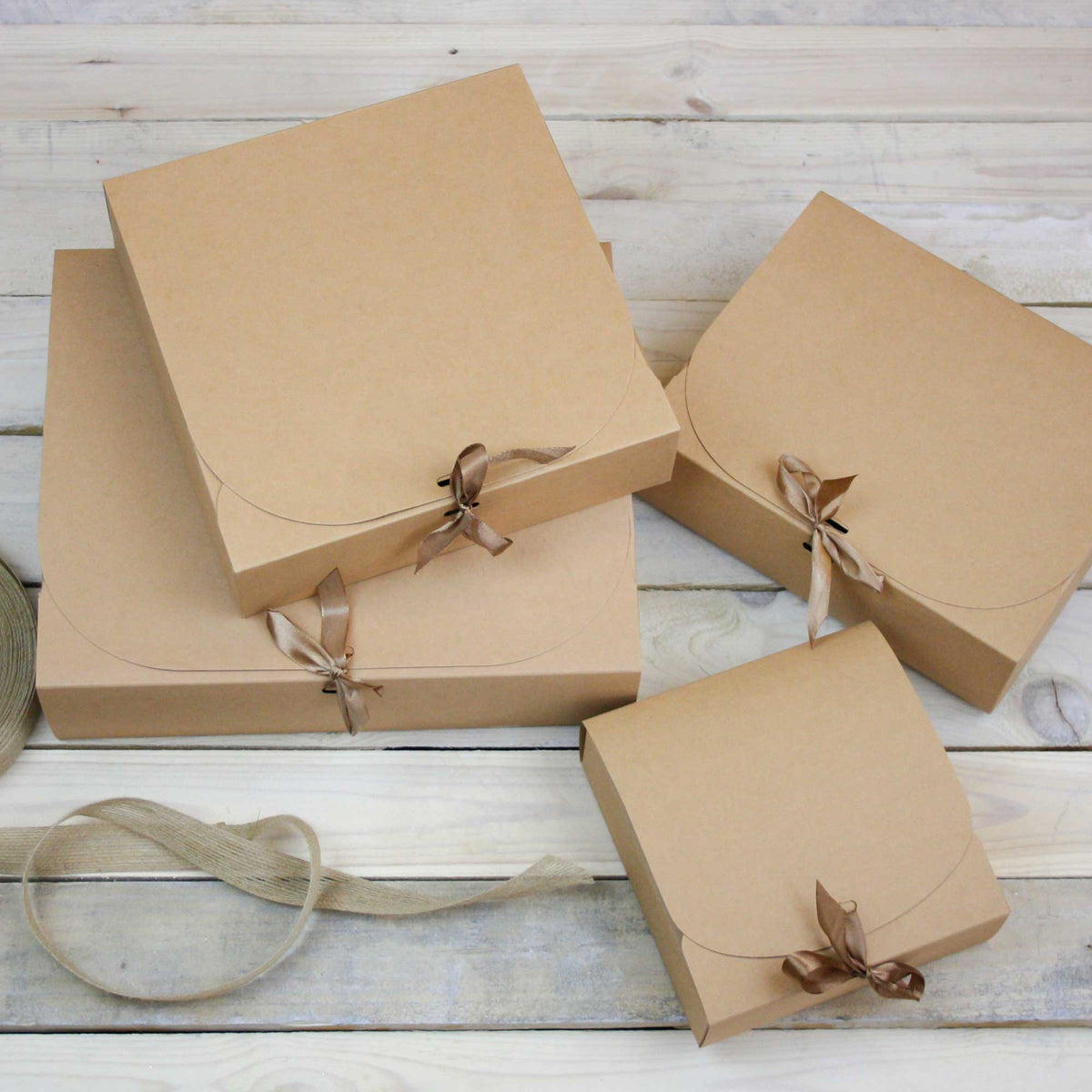 Brown Top-Flap Style Kraft Boxes with Ribbon Pack of 12 (Sizes Available)