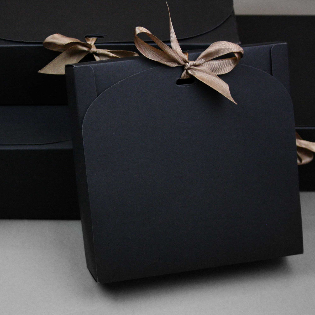 Black Top-Flap Style Kraft Boxes with Ribbon Pack of 12 (Sizes Available)