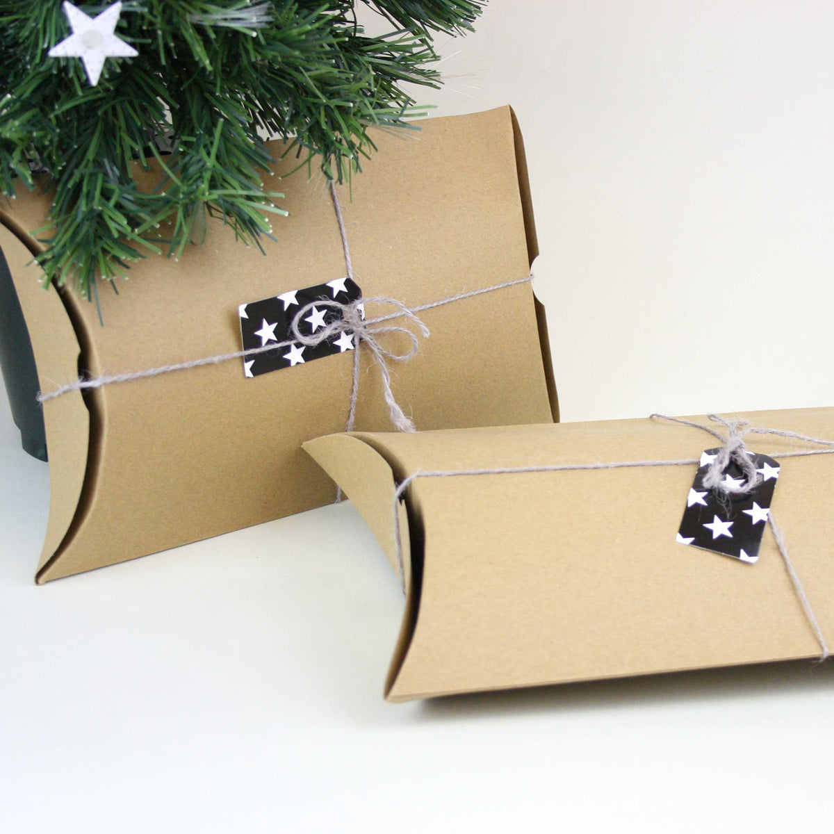 Kraft Pillow Boxes With String and Tag Pack of 12 (Sizes Available)