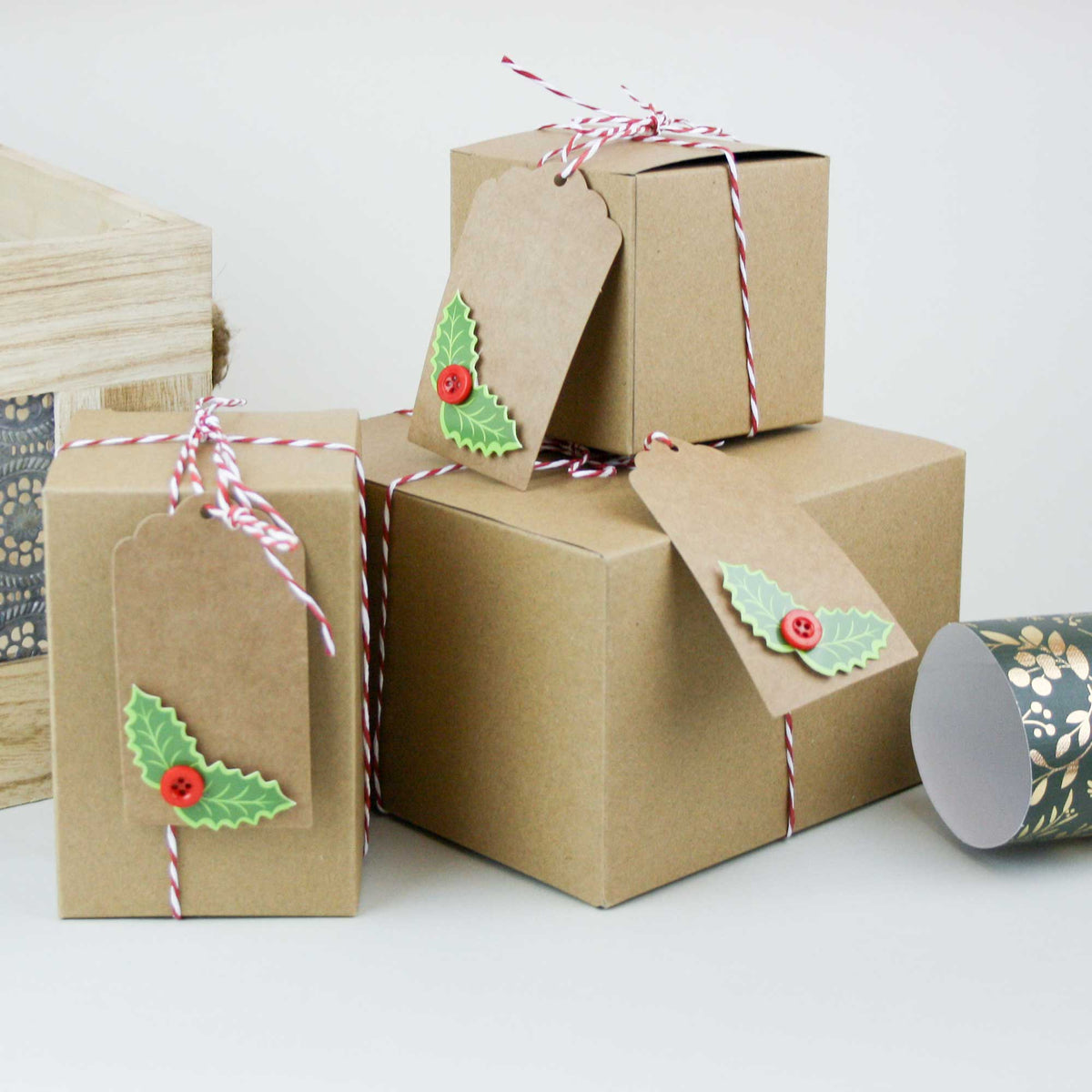 Natural Brown Kraft Gift Boxes with String and Tag Pack of 12