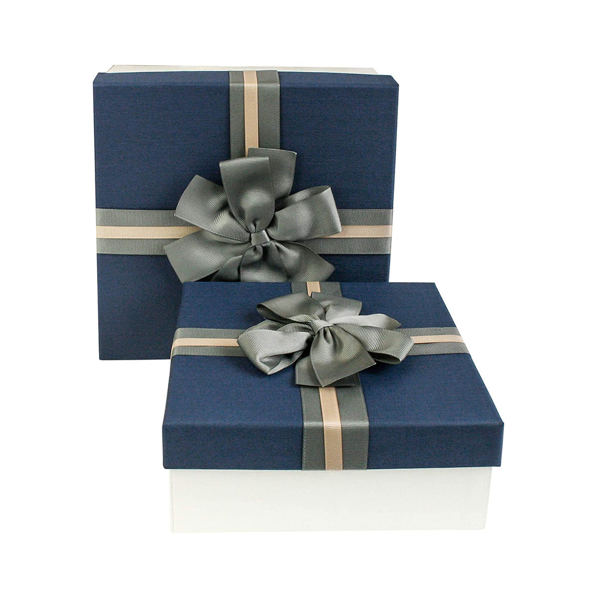 Set of 2 Cream/Blue Gift Boxes with Grey Satin Ribbon (Sizes Available)