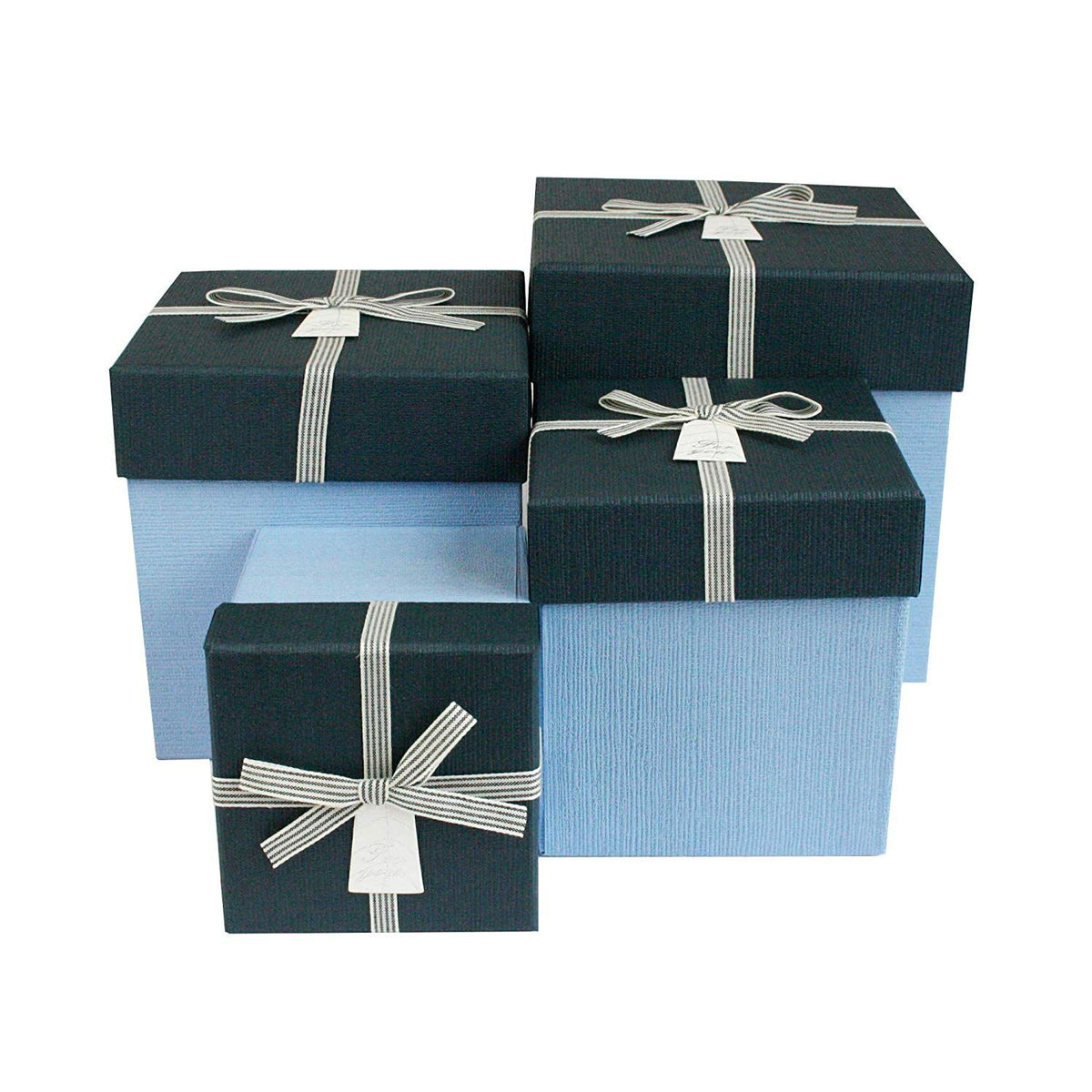 Set of 4 Light Blue Gift Box with Striped Bow Ribbon