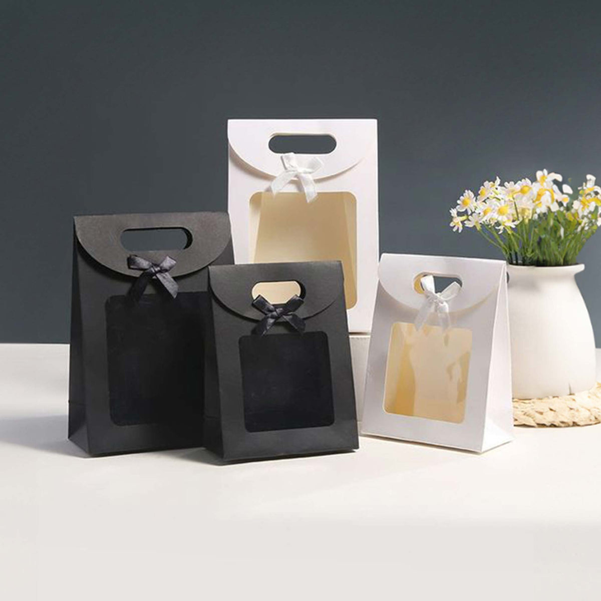 Kraft Gift Box Bags with Bow & Handle - Pack of 12 (Sizes Available)