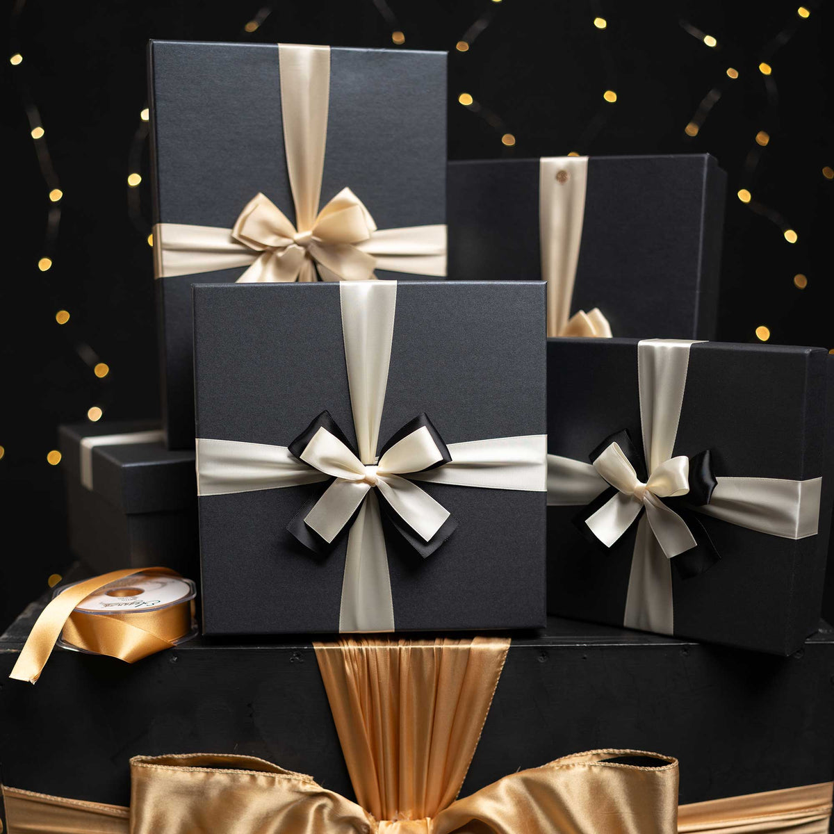 Single Black Gift Boxes with Cream Satin Ribbon
