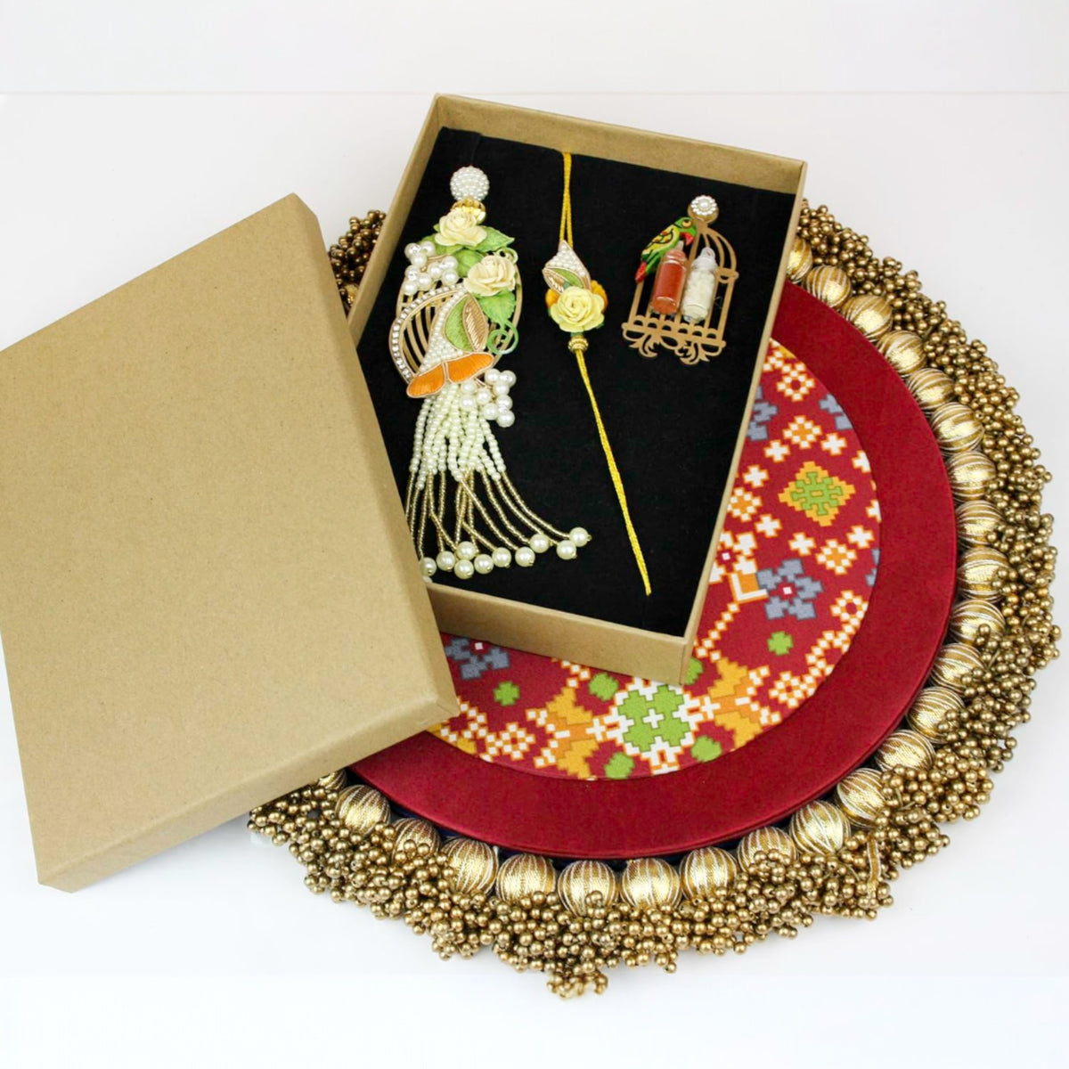 Pearl Rakhi Lumba Gift Hamper Set in Kraft Gift Box