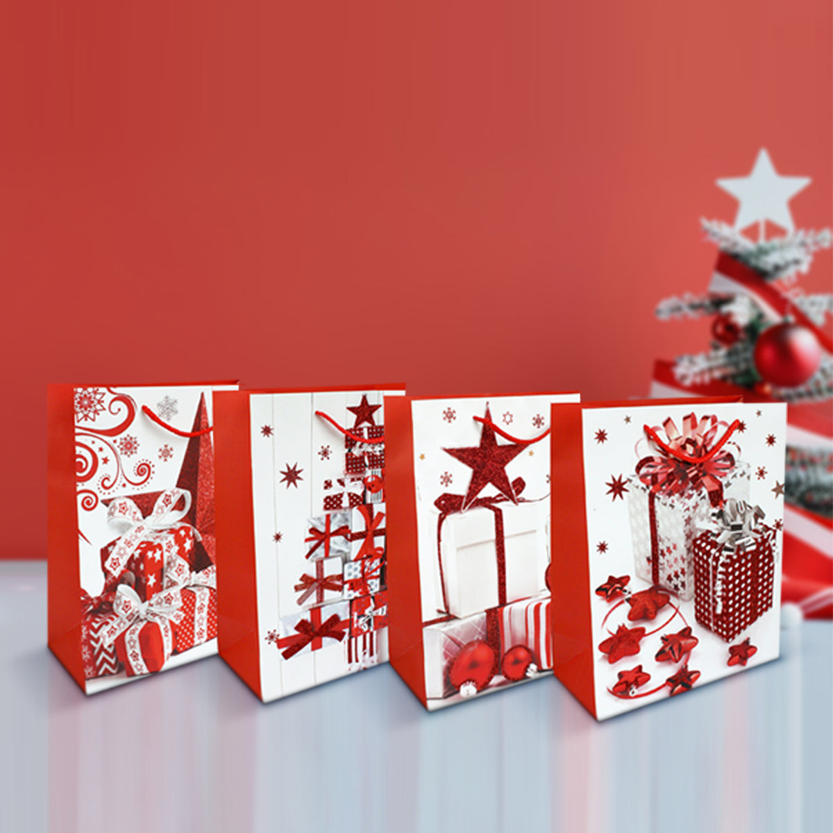 Glitter Christmas Presents Gift Bag - Set Of 4 (Assorted Designs)