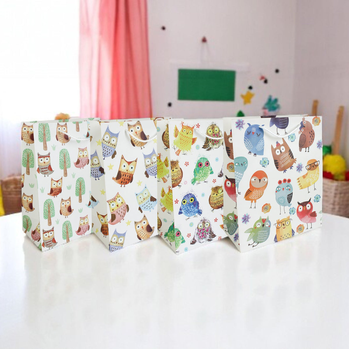 Multicoloured Owls Gift Bags - Set Of 4 Assorted Designs