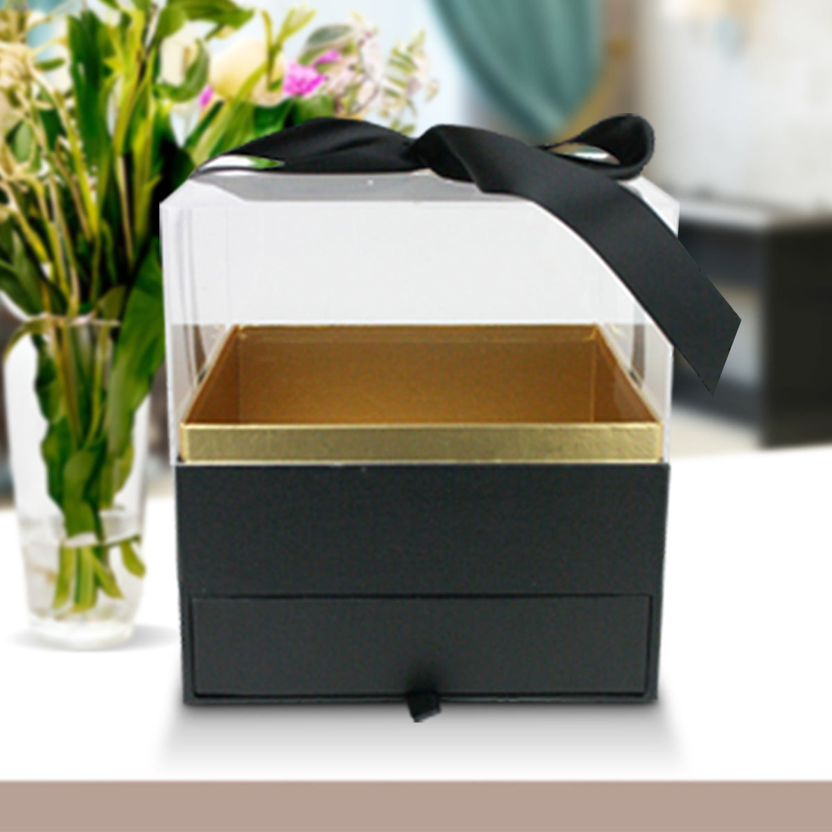 Elegant Clear Lid Gift Box with Ribbon and Drawer for Special Occasions - Black/Gold