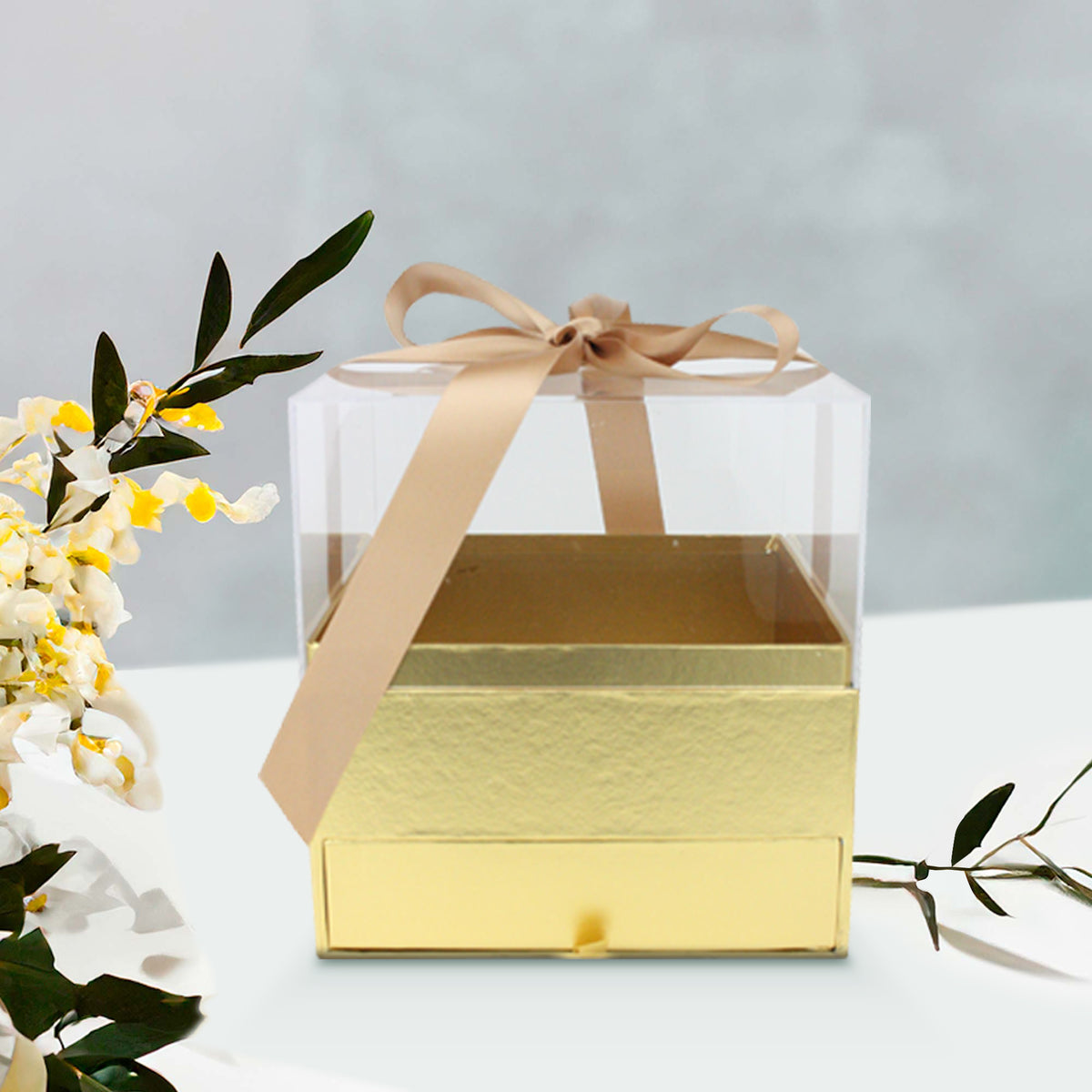 Elegant Clear Lid Gift Box with Ribbon and Drawer for Special Occasions - Gold