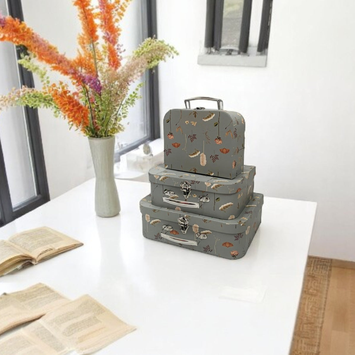 Elegant Grey Leaves & Flower Suitcase Style Gift Boxes - Set of 3