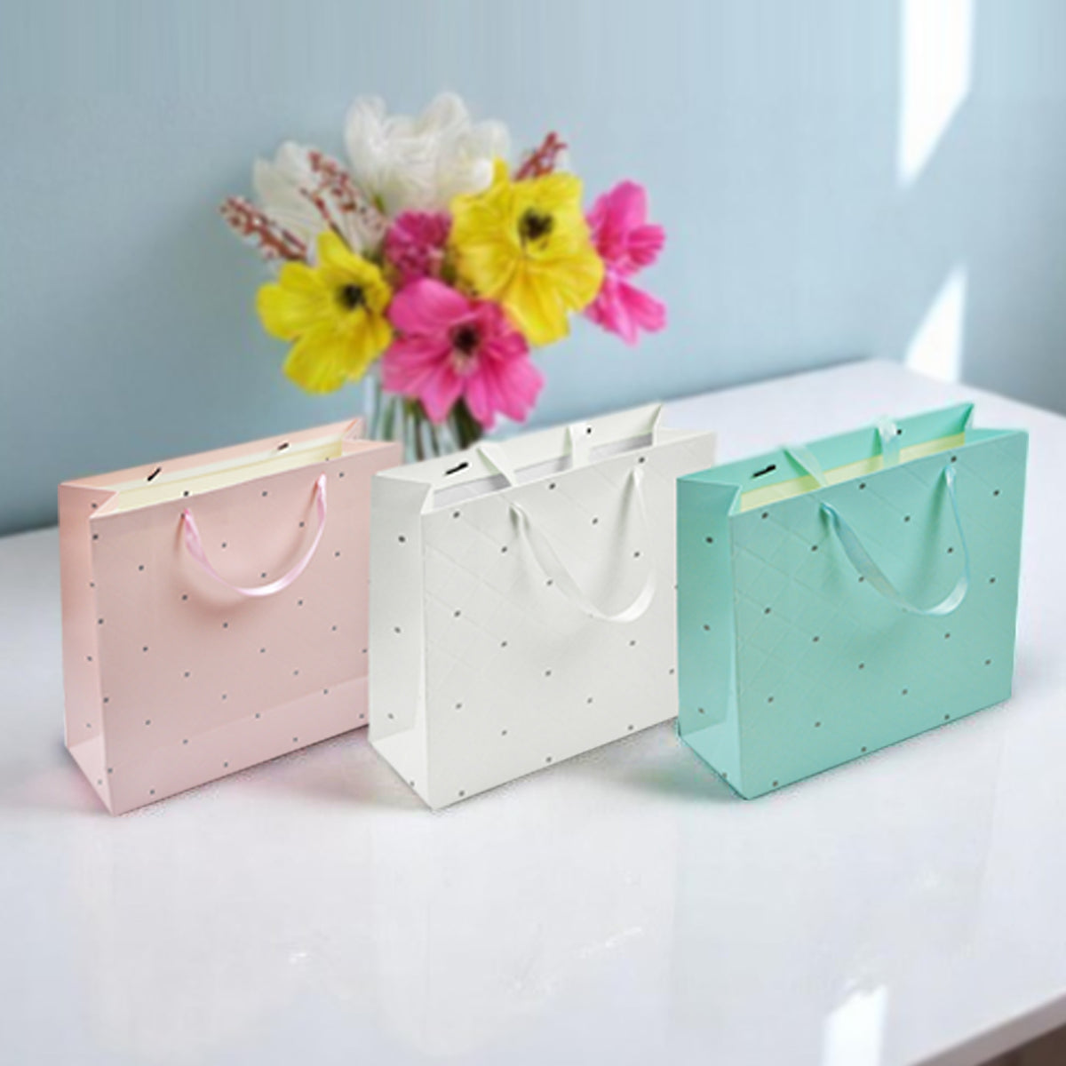 Luxurious Embossed Polka Dot Gift Bags - Set Of 3 Assorted Colours (Sizes Available)