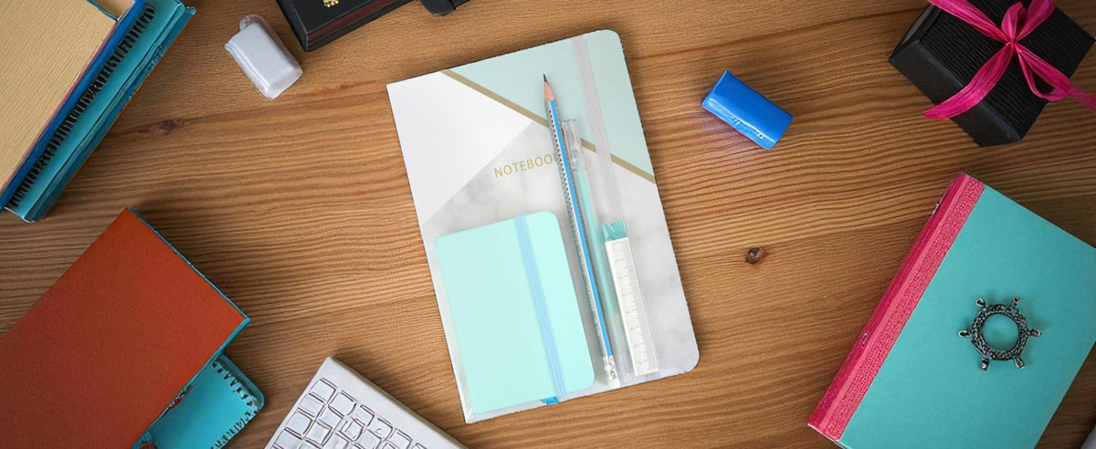 Blue marble stationery gift set styled on a desk, ideal for students and professionals"
