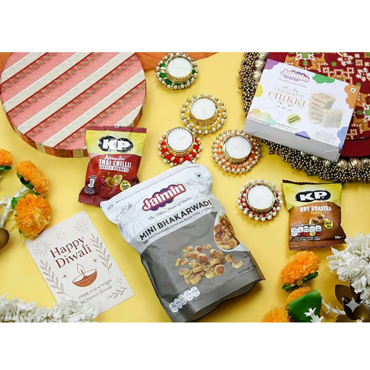 Indian Gourmet Sweets Snacks Diwali Gift Hamper With Tealight Holders & Greeting Card.
