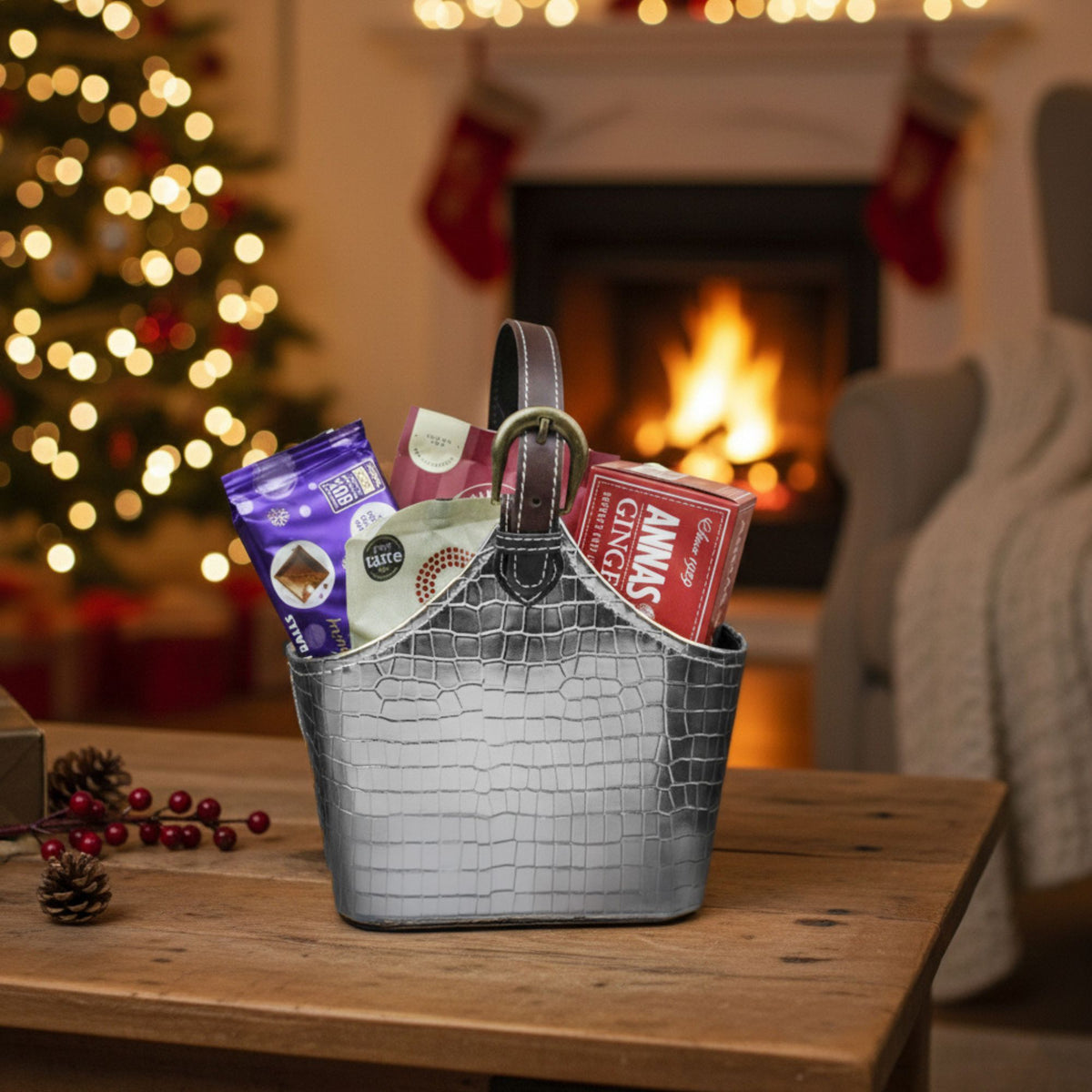 Luxury Silver Croc PU Leather Gift Hamper Basket with Adjustable Handle | 2 Sizes