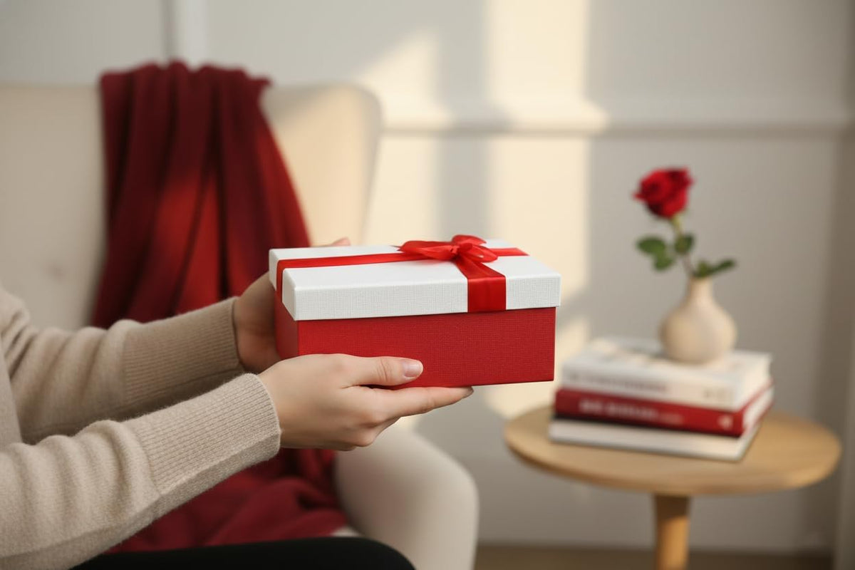 Elegant presentation with red/white gift boxes