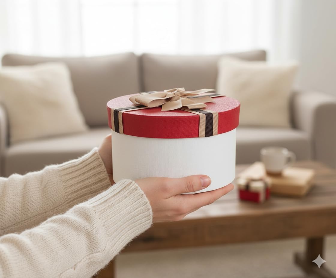 Red Lid and Striped Brown Ribbon