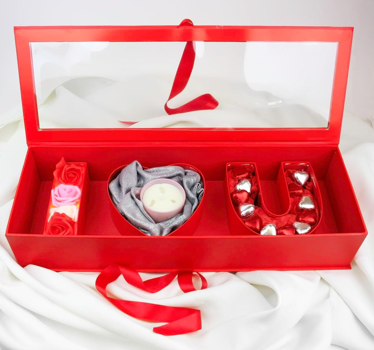 Luxury Gift Hamper Box with Candle, Roses, and Heart-Shaped Chocolates - I Love You