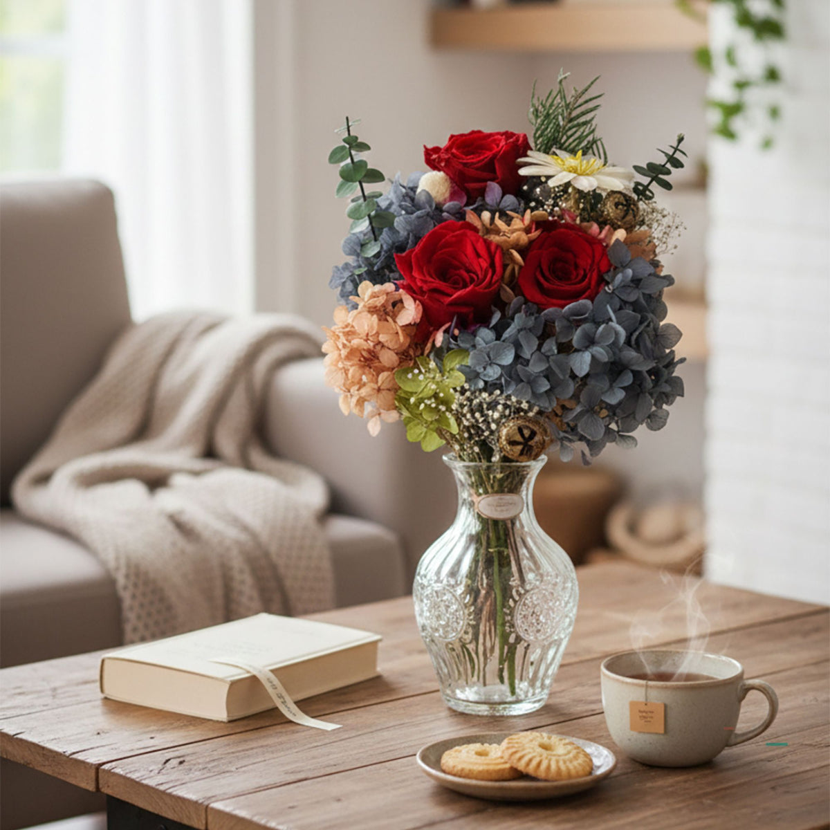 Artificial Roses & Hydrangea Flower Bouquet in Gift Box