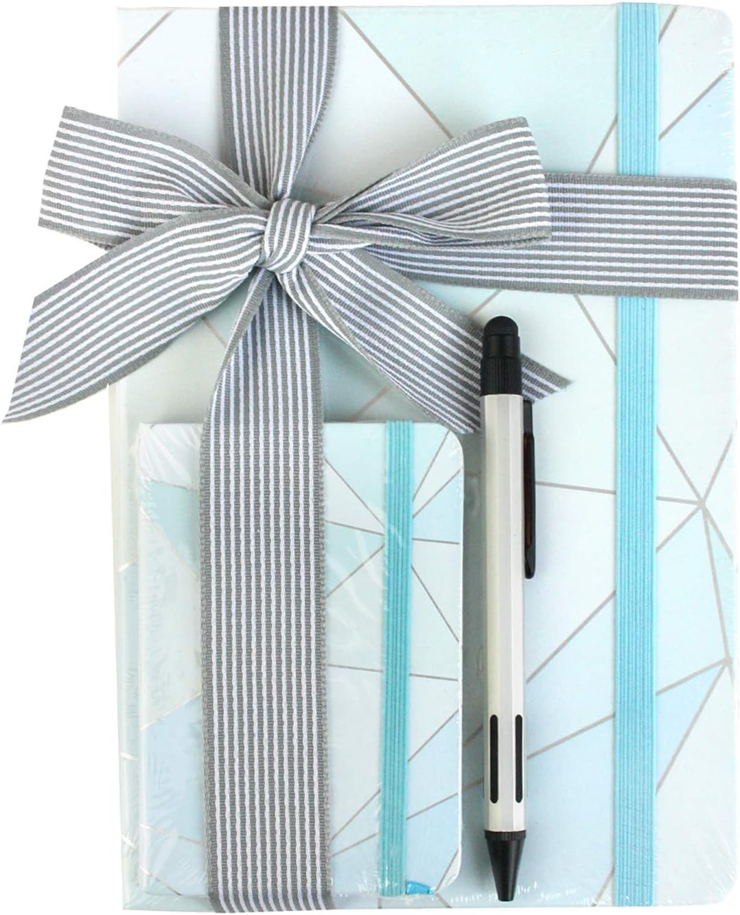 Cool Stationery Unique Gift Set with A5 Notebook, A7 Notebook, Ball Point Pen With Ribbon - Geometric Marble Light Blue