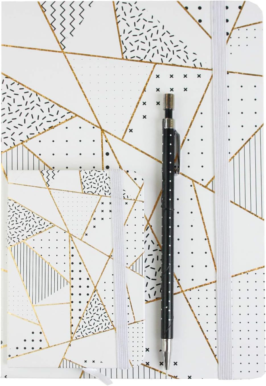 Unique Gift Set with A5 Notebook, A7 Notebook, Mechanical Pencil and Ribbon - Geometric Marble White/Gold