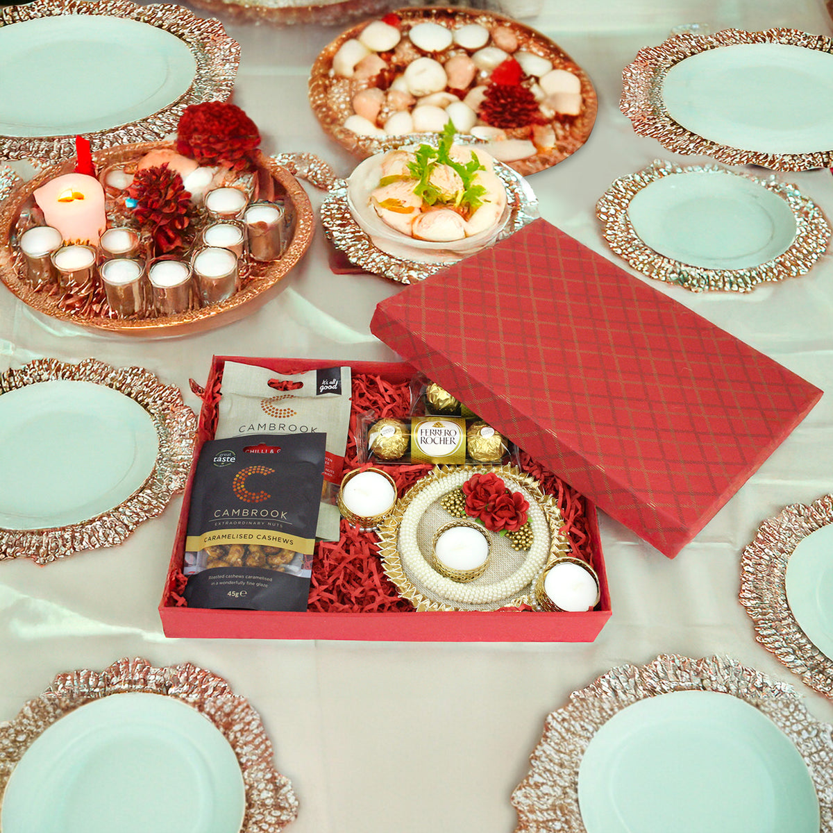 Diwali Gift Hamper with Festive Pearl Tea Light Candle,Snacks & Chocolates– Perfect for Gifting