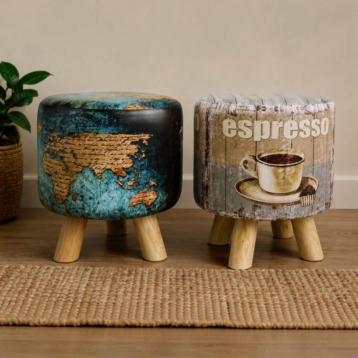 Vintage Round Ottoman Footstool with Wooden Legs – Espresso Coffee & World Map Design
