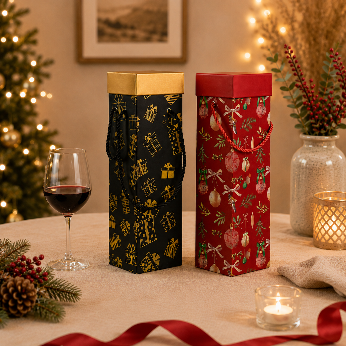 Luxury Wine Bottle Gift Box With Rope Handle - Single (Colors Available)