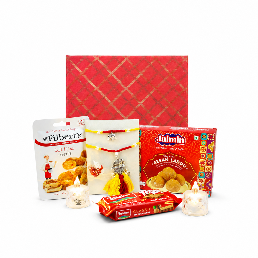 Luxury Rakhi Gift Hamper with Designer Rakhis, Besan Laddu & Gourmet Snacks
