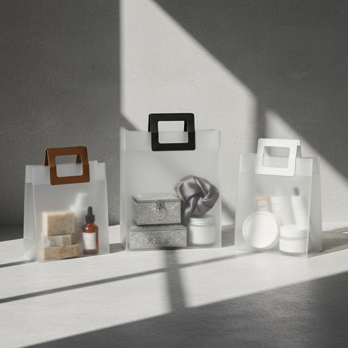 Clear PVC Gift Bags With Handle - Pack of 12 (Sizes & Color Available)