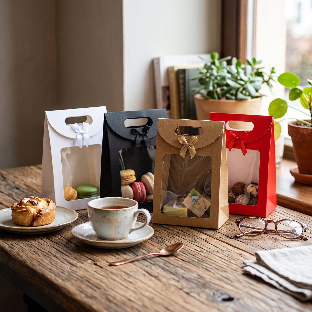 Kraft Gift Box Bags with Bow & Handle - Pack of 12 (Sizes & Colours Available)