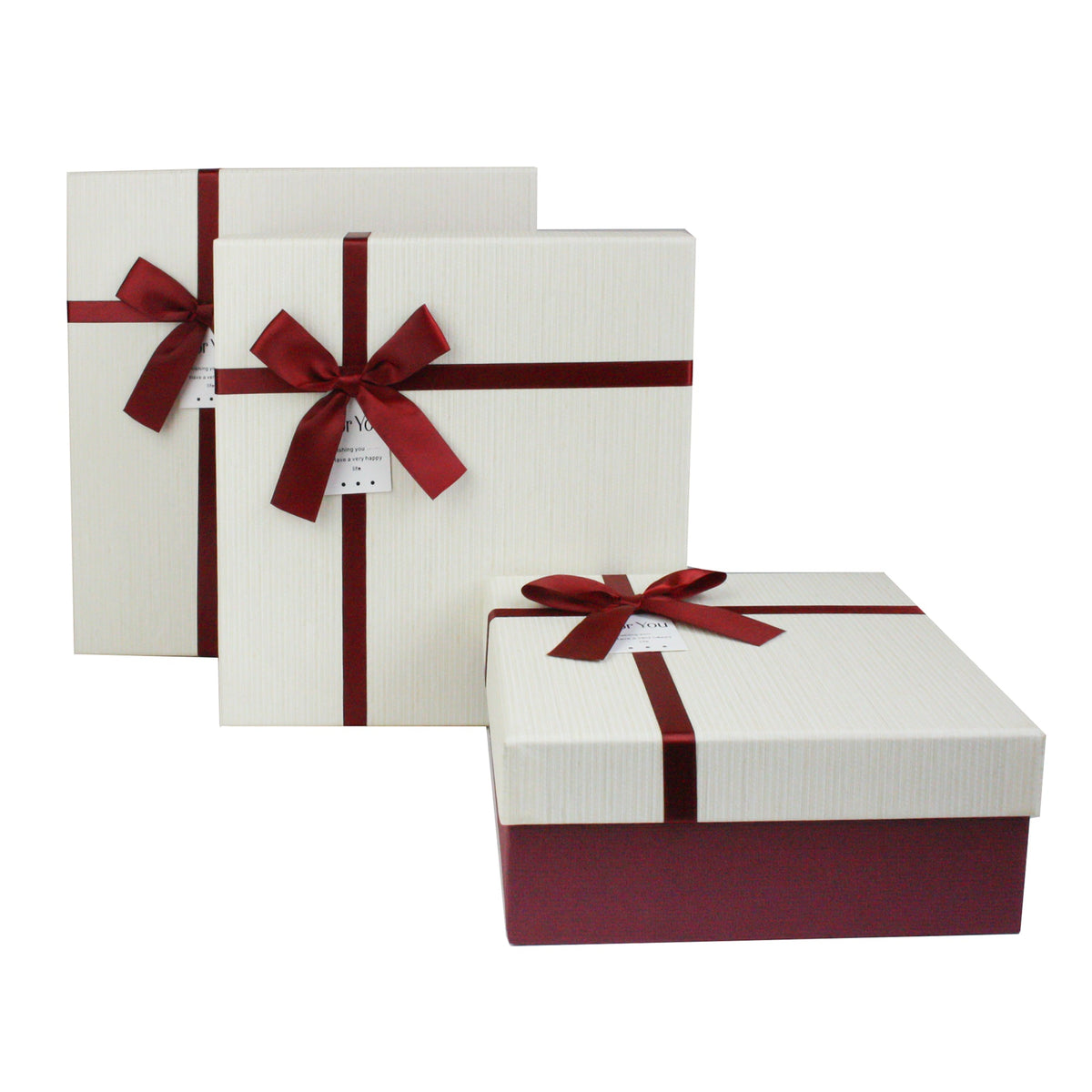 Set of 3 Burgundy/Cream Gift Boxes With Red Satin Ribbon