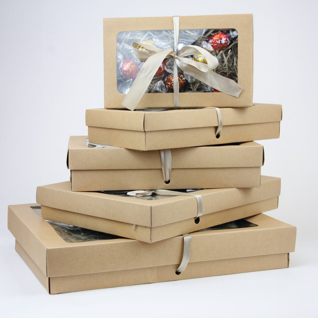 Brown Kraft Gift Boxes with Clear Lid & Satin Ribbon Pack of 12 (Sizes ...
