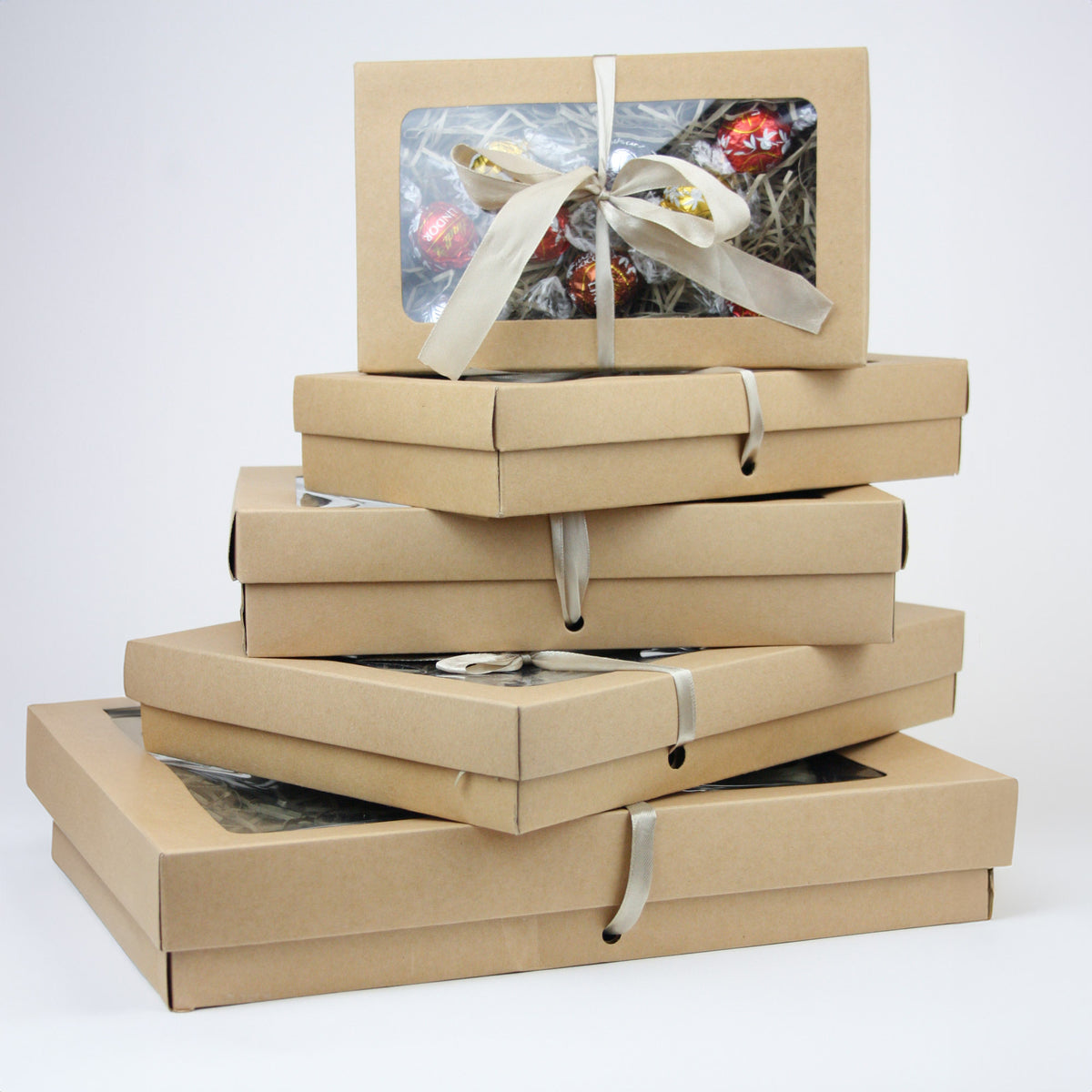 Brown Kraft Gift Boxes with Clear Lid & Satin Ribbon (Pack of 12) Sizes Available