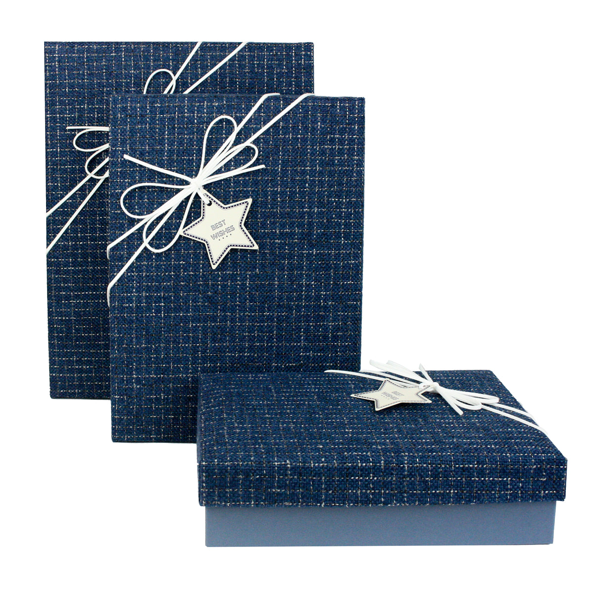 Set of 3 Textured Blue Gift Boxes With Ribbon