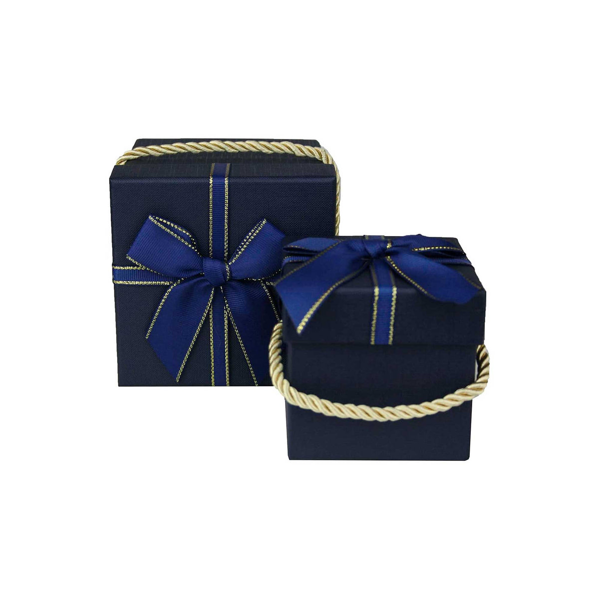 Dark blue square gift box with gold handle and ribbon