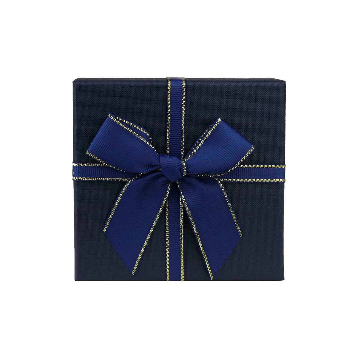 Two dark blue square gift boxes stacked together