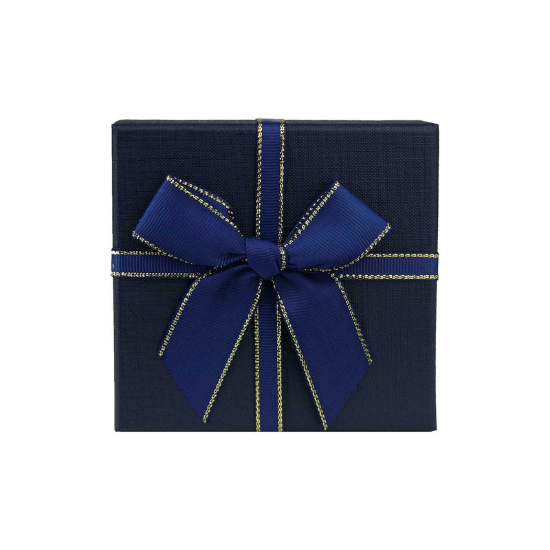Two dark blue square gift boxes stacked together
