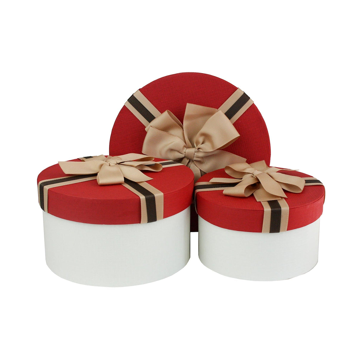 White Round Gift Box with Red Lid and Striped Brown Ribbon