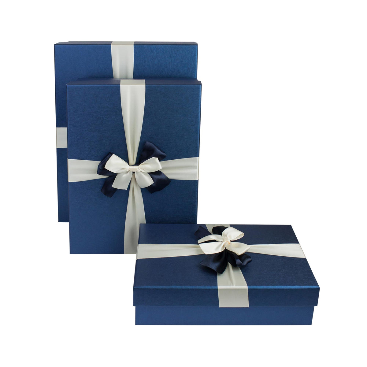 Set of 3 Blue Gift Boxes With Cream Satin Ribbon