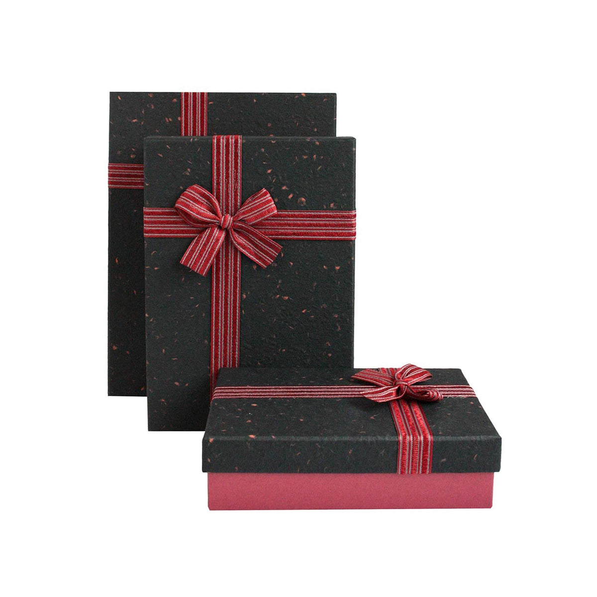 Set of 3 Burgundy/Black Gift Boxes With Red Striped Ribbon
